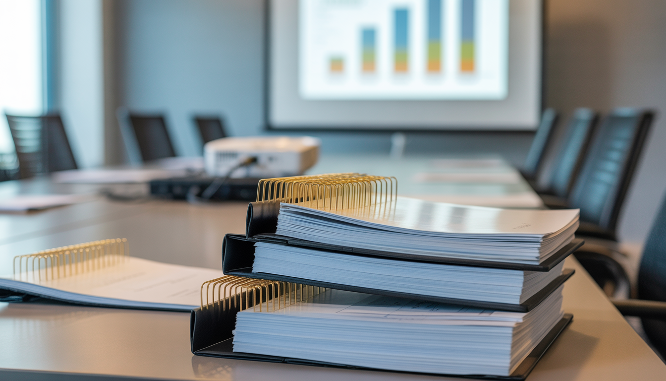 Professionally bound reports with binding combs on a table in a corporate meeting room.